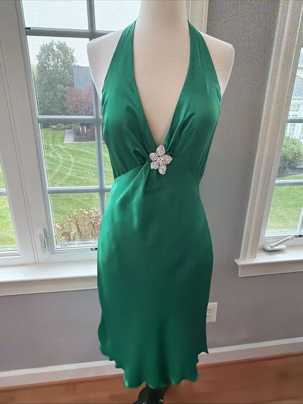 Vintage 1990s 2000s Cache Emerald Green Satin Halter Rhinestone Dress Size 4